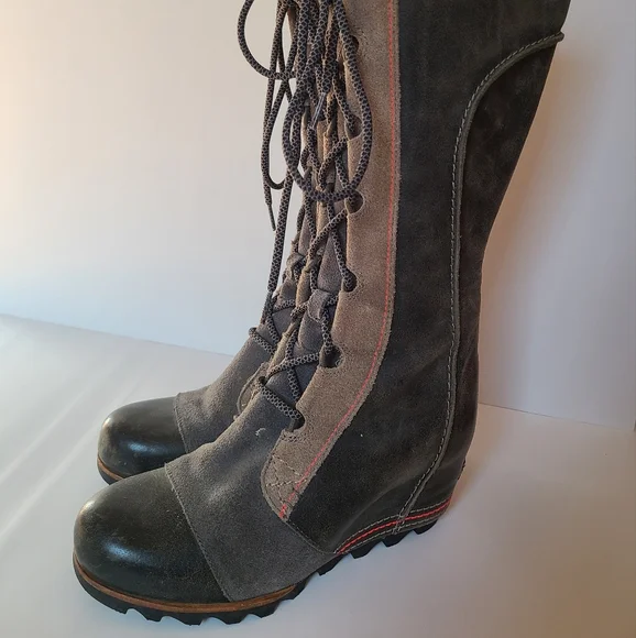 Sorel Cate The Great Wedge Tall Stylish Lace-Up Boots with Red Stitching - Picture 3 of 14